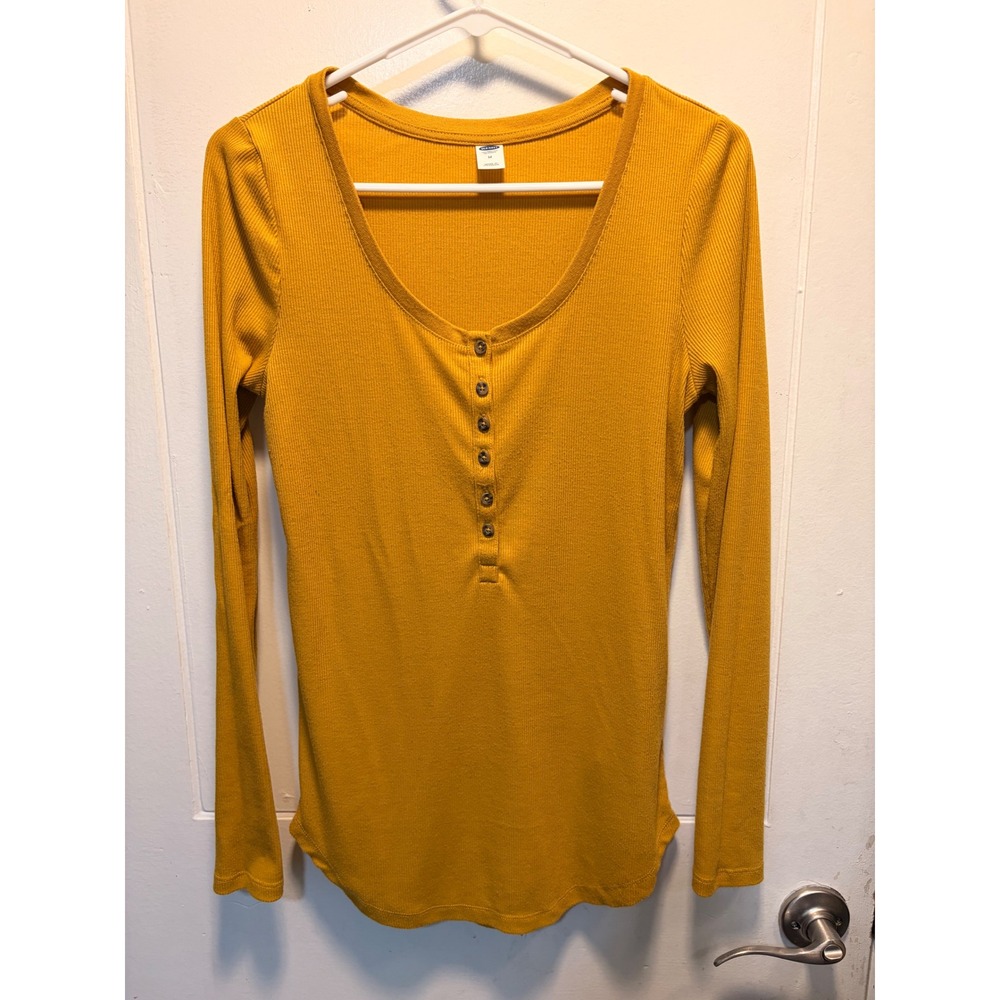 Old Navy Mustard Yellow Ribbed Henley Long Sleeve Shirt Womens Medium Mustard